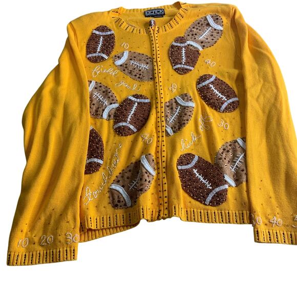 Berek Sweaters - Berek Bedazzeled Embroidered Football Cardigan Zip Up Sweater Size Large Yellow